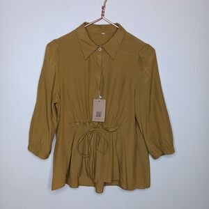 SooLinen Peplum Top Size Large Tan Drawstring Waist Half Button 3/4 Sleeve NWT